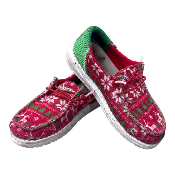 Hey Dude Wally Youth Christmas Reindeer Print Shoes Size 12K Red & Green 12 Kids - Picture 2 of 8